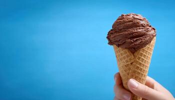 Delicious chocolate ice cream cone outdoor setting closeup photography vibrant background photo