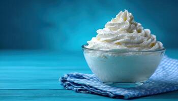 Fluffy whipped cream closeup vibrant kitchen food photography bright setting macro view dessert concept photo