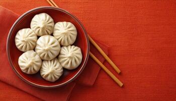 Delicious steamed dumplings cozy dining room food photography warm color palette close-up culinary delight photo