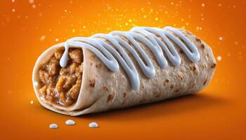 Savory burrito drizzled with creamy sauce closeup shot food photography vibrant background photo