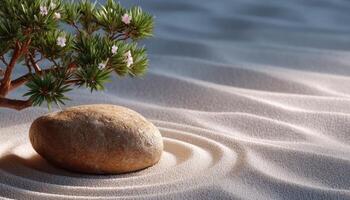 Serene zen garden scene with stone and pine tranquil atmosphere macro view nature photography photo