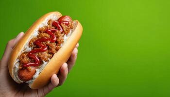 Handheld hotdog with sauerkraut and ketchup on green background food photography close-up view photo