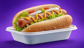Delicious hotdog in takeaway box urban street food photography vibrant background close-up shot photo