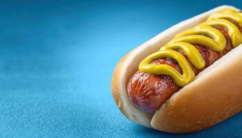Grilled hotdog with mustard backyard barbecue food photography casual setting closeup view culinary delight photo
