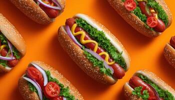 Colorful hotdogs arranged on vibrant orange background food photography gourmet display photo