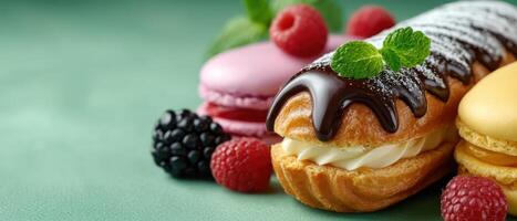 Delicious french pastries including eclairs and tarts bakery display gourmet food bright environment close-up view photo