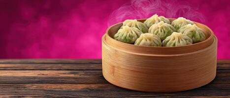 Delicious dumplings steamed in bamboo basket kitchen food photography warm setting culinary delight photo