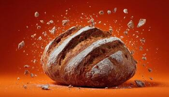 Artistic shot of artisan bread being pulled apart studio photography vibrant background close-up culinary delight photo
