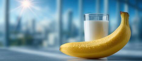 Slicing a fresh banana with milk nearby kitchen counter food photography bright lighting close-up view photo