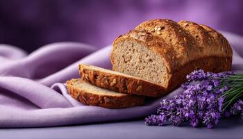 Breaking multigrain bread close-up kitchen table food photography soft lighting culinary art photo
