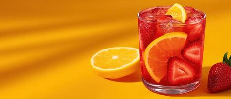 Refreshing tropical fruit punch in a glass bright yellow background beverage photography cheerful setting photo