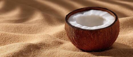Tropical drink presentation in coconut shell exotic beach setting food photography natural light photo