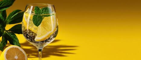 Refreshing sparkling drink with lemon and mint in modern glass bright yellow background beverage photography photo