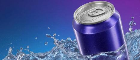 Dynamic splash of vibrant energy drink can in refreshing water studio setting high-impact visual photo