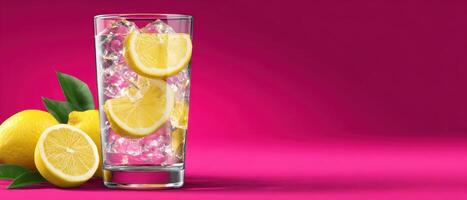 Refreshing lemon-flavored energy drink on ice vibrant pink background beverage photography stylish presentation photo