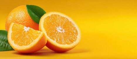 Freshly sliced oranges on vibrant yellow background fruit display bright environment close-up view photo