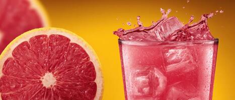 Dynamic splash of pink grapefruit juice in a glass bright background beverage photography refreshing concept photo