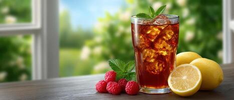 Refreshing iced tea drink with fruits outdoor garden beverage photography bright atmosphere close-up view photo