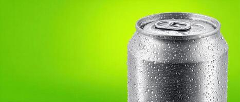 Closeup of a frosty drink can with condensation vibrant green background beverage photography photo