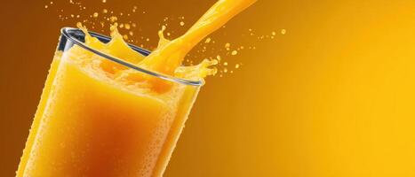 Dynamic splash of cold orange juice from glass refreshing beverage scene bright environment photo