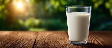 Refreshing yogurt drink on rustic wood table outdoor setting glass natural light health concept photo