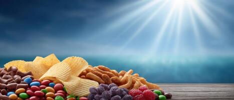 Overhead view of assorted packaged snacks by the ocean food photography bright atmosphere photo