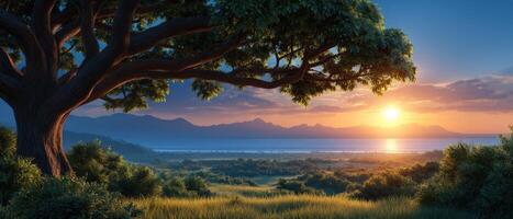Sunset over lush tropical landscape scenic viewpoint nature photography serene environment photo