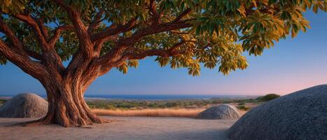 Breathtaking lush tropical landscape with majestic tree and coastal view paradise island nature photography photo