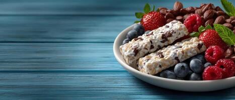 Delicious flat lay of nutritious snack bars with fresh berries on blue wooden table photo