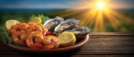 Coastal dining experience with seafood platter at sunset outdoor setting scenic view photo