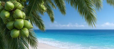 Tropical beach adventure with palm trees scenic ocean view nature landscape relaxing environment photo