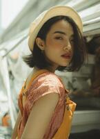 Stylish young woman in casual summer outfit urban setting fashion photography natural light portrait concept photo