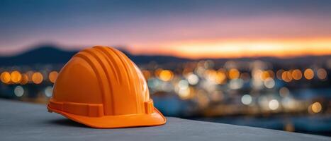Construction safety gear urban sunset helmet close-up industrial setting focused view engineering concept photo