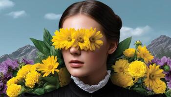 Woman surrounded by flowers mountain landscape artistic portrait bright environment close-up nature concept photo