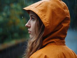 Woman in rain jacket outdoor setting portrait photography nature side view capturing mood photo