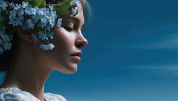 Enchanting woman with floral crown against a sky backdrop portrait photography dreamy atmosphere photo