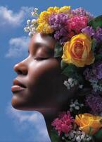 Woman with floral crown against a bright sky portrait nature dreamy close-up beauty concept photo