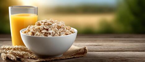 Rustic kitchen breakfast scene with cereal and juice country setting food photography natural light photo