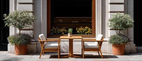 Sunlit minimalist corner with outdoor seating urban setting photography calm atmosphere inviting urban oasis photo