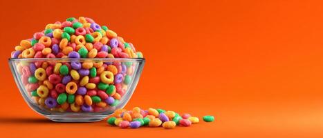 Colorful treats in a clear bowl on vibrant orange background food photography playful environment photo