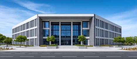 Modern office building design with large glass windows in an urban environment photo