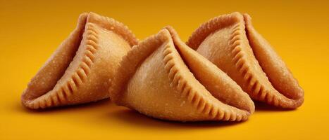 Fortune cookies arrangement cheerful yellow background food photography bright environment close-up view culinary delight photo