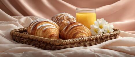 Indulging in delightful assorted pastries and fresh orange juice in a cozy setting captured in charming food photography photo