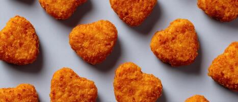 Golden chicken nuggets scattered playfully on a light standard surface food photography fun concept photo