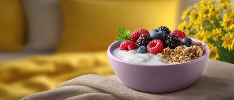 Vibrant yogurt and granola bowl with berries kitchen table food photography cozy setting close-up healthy eating photo
