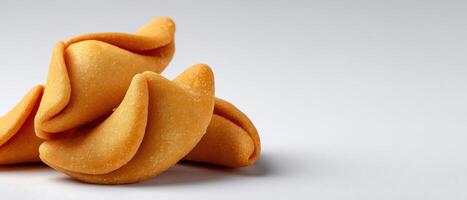 Scattered fortune cookies minimalist background food photography studio setting close-up culinary concept photo