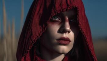 Mysterious woman in red cloak open field portrait photography dramatic light close-up enigmatic beauty photo