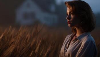 Contemplative woman in wheat field rural landscape portrait photography soft evening light photo