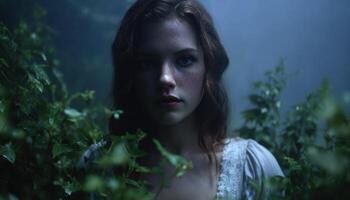 Mysterious young woman surrounded by greenery in enchanted forest portrait photography dreamy atmosphere photo