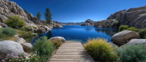 Tranquil lakeside reflection serene nature retreat landscape photography calm waters scenic view photo